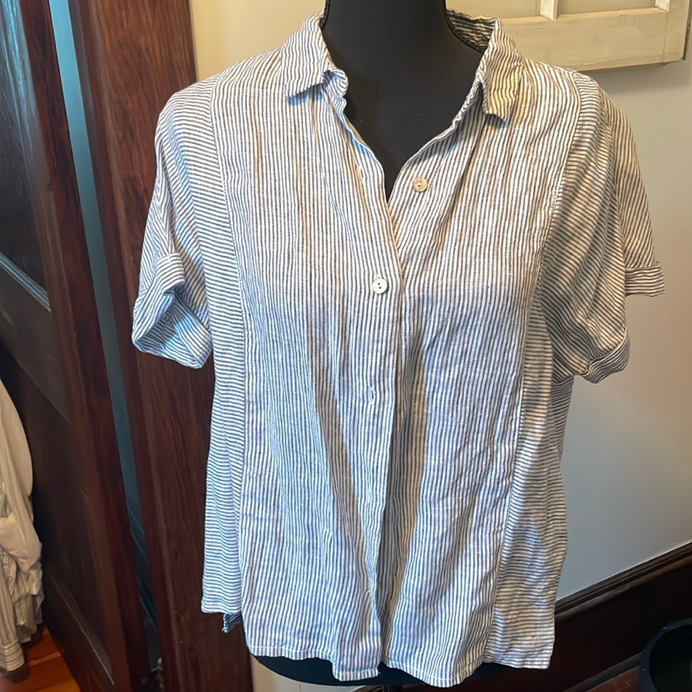 Women’s size S, blue and white stripped linen button down